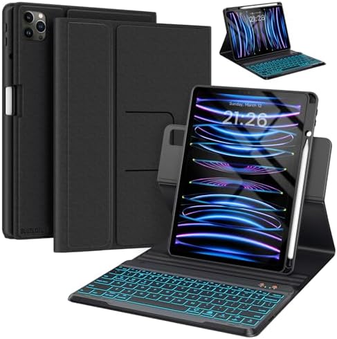 Keyboard case for ipad Air 11 inch(M2 2024)/10.9 Inch Air 5th 4th Generation & iPad Pro 11 inch (1st/2nd/3rd/4th Gen) 360° rotational case Folio Cover with Pencil Holder - Backlit Detachable-(Black)