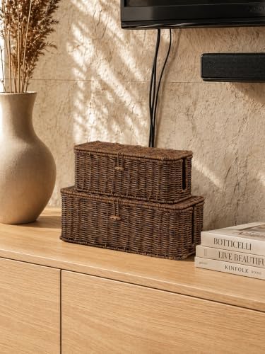 Cable Management Box, Cord Organizer with Lid & Cable Ties - Brown Set