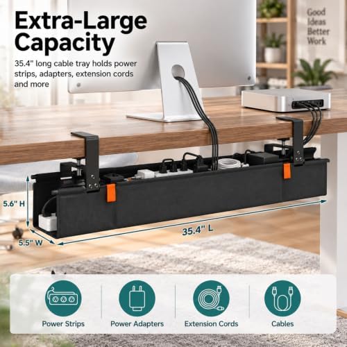 Fabric Under Desk Cable Management Tray 35.4” No Drill with Cable Ties