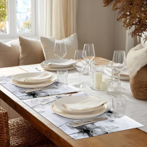 Shrahala Flowers Petals Placemats, Beautiful Black White Flowers Table Mat Linen Burlap Washable Double-Deck Heat Insulation for Dining Table Kitchen Table Set of 4 (12 x 18 inch)