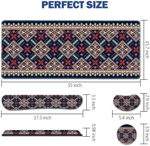 AIMSA Desk Mat Set Bohemian, Large Mouse Pad + Mouse Wrist Rest + Keyboard Wrist Support + Coaster, Navy Blue Gaming Mouse Pad Combo for Home Office