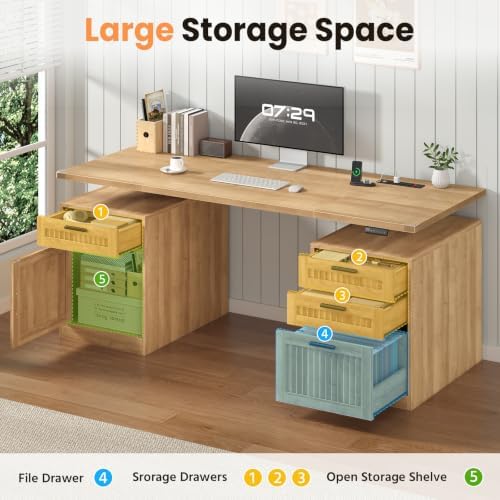 60" Fluted Electric Standing Desk with Drawers for Home Office, Oak