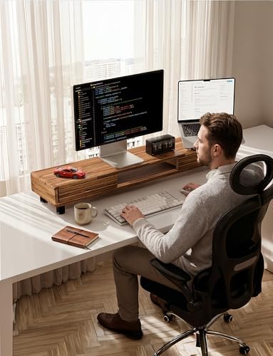 Tinamo 42.5" Dual Monitor Stand Riser with Sliding Doors – Solid Acacia Wood Desk Shelf for 2 Monitors, Desktop Organizer with Storage, Ergonomic 5" Height for Computer, Laptop, Printer, TV