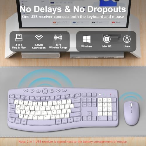 Wireless Keyboard and Mouse Combo, Quiet Ergonomic Curved Keys(Purple-B)