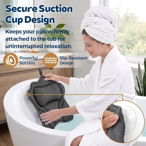 Bath Pillow for Tub,Bathtub Pillow with Thick Neck Cushion,Soft Tub Pillow for Head,Neck,Shoulder and Upper Back Support,Hot Tub and Spa,Dark Black