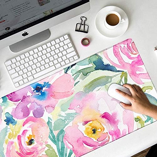 HAOCOO Floral Extended Desk Pad, Large Mouse Mat With Edge Stitching, 2 MM Thick Waterproof Computer Keyboard Mat, Non-Slip Rubber Base for Office