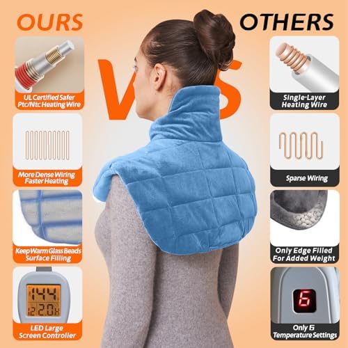 Ambershine 19''x24'' Weighted Neck & Shoulder Heating Pad, 2.5lbs with 12 Temperature Settings& 4 Auto-Off Timers, Pain Relief for Neck/Shoulder/Back(Light Blue)