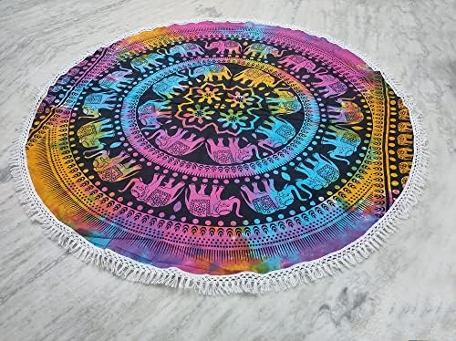 Round Beach Tapestry Turquoise Mandala Throw/Boho Hippie Beach Blanket Roundie/Indian Cotton Bohemian Large Round Table Cloth-Home Decor/Yoga Mat Meditation Picnic Rug (42", Multi Color)