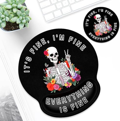 ITNRSIIET Ergonomic Mouse Pad with Wrist Support Wrist Rest Smooth Surface Non-Slip Rubber Base Comfortable Office Supplies Pain Relief, 9.8 x 9.1 inches, Flower Skull