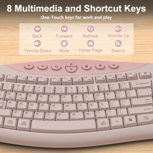 Wireless Keyboard and Mouse Combo, 2.4G Quiet Ergonomic Curved Keys(Pink)