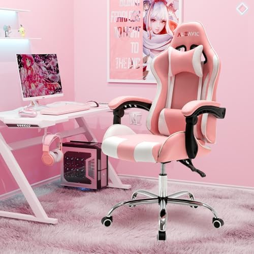 Gaming Chair with Massager, Fabric Gaming Chairs for Adults, Ergonomic Gamer Chair with Adjustable Headrest and Lumbar Support, Reclining Computer Game Chair, High Back, Pink White