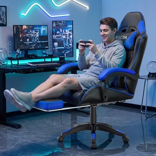Bigzzia Gaming Chair with Footrest, Comfortable Gamer Chairs Blue