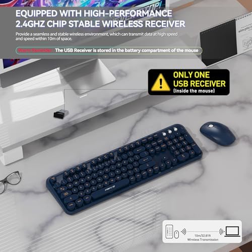 FOPETT Wireless Keyboard and Mouse Combo, 104 Keys Full-Sized 2.4 GHz Round Keycap Colorful Keyboards, USB Receiver Plug and Play, for Windows, Mac, PC, Laptop, Desktop (DarkBlue)