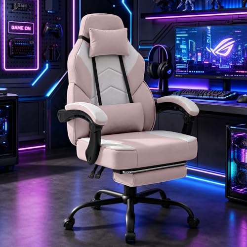 Gaming Chair for Adults with Massage Lumbar Suppor, Fabric Pink