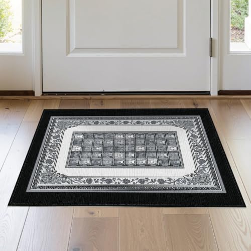 2'x3' Charcoal Gray Cat Motif with Vine Border Washable Accent Rug