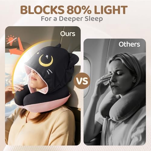 Mewaii Travel Neck Pillow, Airplane Pillow with Hood, Memory Foam, Pink