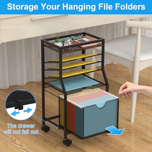 BOHDK Rolling File Cart, 6-Tier Desk File Organizer on Lockable Wheels, Brown Wood Planks & Mesh Sliding Hanging Folder Drawer, Organization Cart for Office Home School