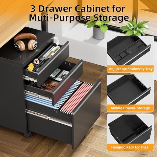INTERGREAT 3 Drawer File Cabinet, Metal Filling Cabinets with Lock, Locking Office Mobile Cabinet with Wheels for Legal/Letter Size, Under Desk, Assembled, Black