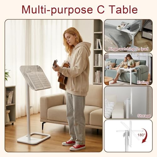 GOYLSER Adjustable Height Sofa C Table, 360° Swivel/180° Flip-Over Panel Side Table with Tablet Slots for Small Spaces, Morden TV Tray Couch Tables for Dinner Eating (White Marble)