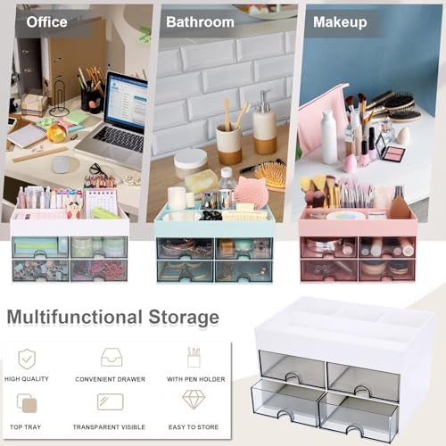Meiikun Desk Organizer, Office Organizer with Drawer, Desk Accessories & Workspace Organizers, Pen Holder Office Supplies for Desk (4 Drawers+4 Compartments, White)