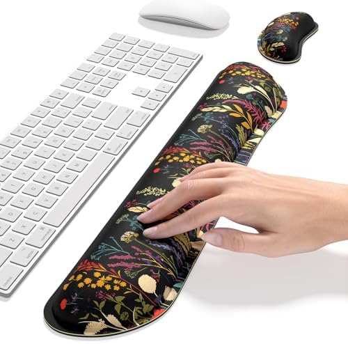 Dapesuom Enlarge Keyboard Wrist Rest, Memory Foam Wrist Cushion for Desk Mats Support, Typing Pain Relief Keyboard Mouse Pad Rests Set with Non-Slip Base for Gaming Laptop Computer, Floral Cartoon