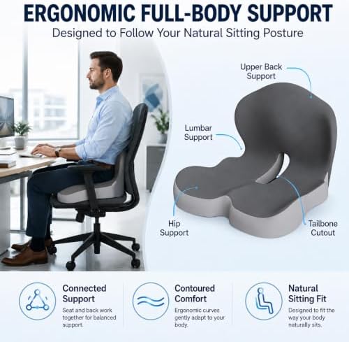 Orthopedic Seat Cushion – L-Shaped Lumbar Support Memory Foam Comfort for Long Sitting, Ergonomic Support for Office Chair, Wheelchair, Car & Travel (Dark Gray,1)
