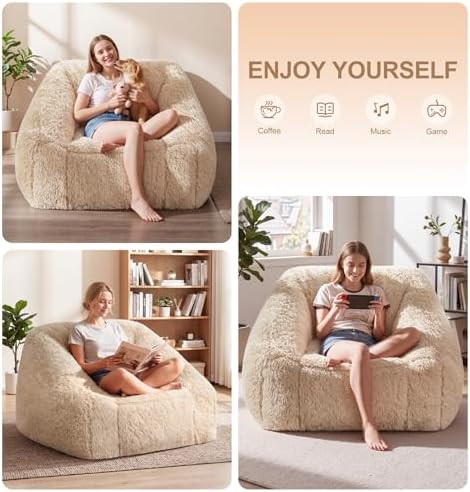 Hobestluk Bean Bag Chair Plush Accent Chair Armrest Living Room Adult Beige