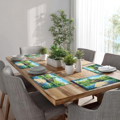 Batmerry Retreat Wooden Structure Linen Placemats Set of 8, Forest Setting Water Body Washable Table Mats for Kitchen Table Thickened Heat Insulation Dining Set Indoor Outdoor 12X18 in