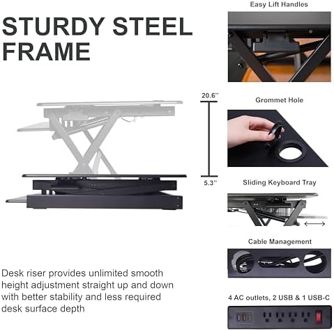 Rocelco 40" Height Adjustable Standing Desk Converter with AC Outlet USB Charger and Dual Monitor Arm Mount - Sit Stand Up Tabletop Riser - Sliding Keyboard Tray - Black (R DADRB-40-ACUSB-DM2)