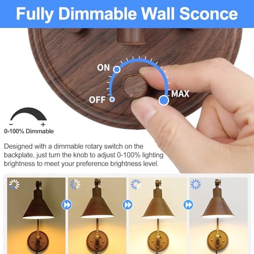 TRLIFE Plug in Wall Sconces, Dimmable Wall Sconces Set of 2 Plug in Swing Arm Wall Lights, Adjustable Wall Mounted Light Wall Lights with 6FT Plug in Cord, E26 Base(Two Arms, Walnut Color)