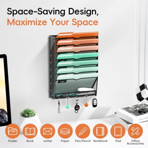 Wall File Holder Hanging Wall File Organizer, Wall Mount Mail Holder and Paper Organizer with Bottom Shelf & 5 Hooks for Office Home School (8-Tier)