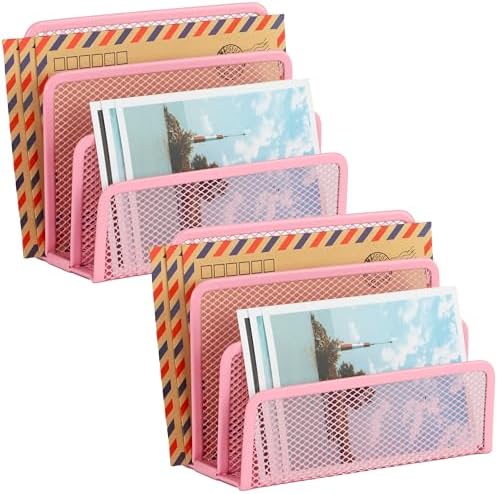 EASEPRES Desk Mail Organizer, Office Small Desktop Metal Mesh Envelope Letter Sorter Paper File Holder Organizer with 3 Vertical Upright Compartments, Pink 2 Pack