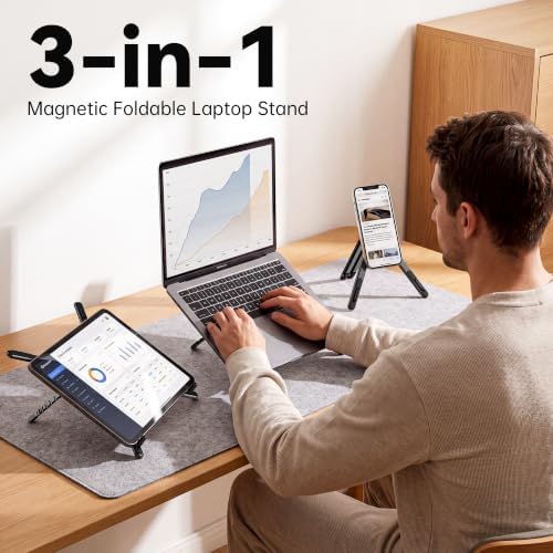 Portable Laptop Stand, 3-in-1 Magnetic Foldable Adjustable, for Desk（Black）