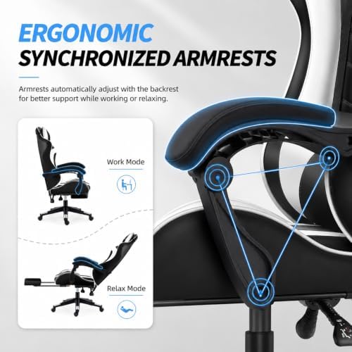Gaming Chair with Massage Lumbar Support, 135° Reclining Computer Chair with Linked Armrests, Removable Headrest and Lumbar Pillow, Height Adjustable Swivel Racing Style Office Chair for Adult