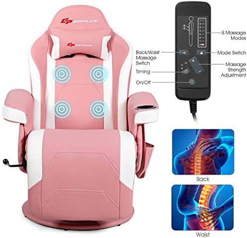 Goplus Pink Massage Gaming Chair, Racing Style Gaming Recliner w/Adjustable Backrest and Footrest, Ergonomic High Back PU Leather Computer Office Chair Swivel Game Chair w/Cup Holder and Side Pouch