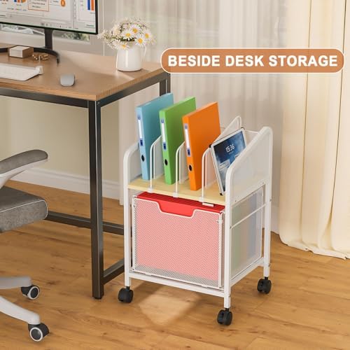 Tiaoheka Rolling File Cabinet with Adjustable Dividers, Mobile Filing Cabinet with Storage Drawer on Lockable Wheels, Hanging File Organizer Beside Under Desk for Office, Home, White（Patent Pending）