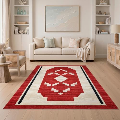 5'x7' Red Ivory Cat Crimson Boho Geometric Washable Area Rug