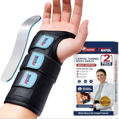 FEATOL 2 Pack Wrist Brace for Carpal Tunnel Relief, Adjustable Wrist Support Brace with Metal Splints Both Hands , Hand Support for Arthritis, Tendonitis, Sprain, Injuries, Wrist Pain, Right and Left (2 Pack (R and L)-Black, Large/X-Large (Pack of 1))