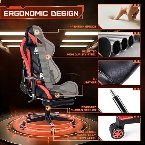 AA Products Gaming Chair High Back Ergonomic Computer Racing Chair Adjustable Office Chair with Footrest, Lumbar Support Swivel Chair - Red