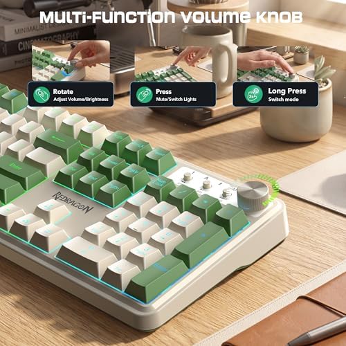 Redragon RM104 Wireless Gaming Keyboard with Knob, Tri-Mode BT/2.4G/USB-C RGB Computer Keyboards, 4000mAh Battery, Programmable Software Support, Anti-Ghosting, Compatible with PC Mac - White & Green