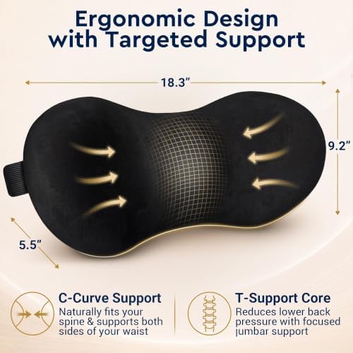 Lumbar Support Pillow for Office Chair, Lower Back Pillow with Strap, Black