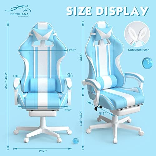 Ferghana Blue Gaming Chair with Bunny Ear, Cute Massage Gaming Chairs for Adults & Teens, Office PC Gamer Chair with Footrest, Kawaii Computer Game Chair for Girls, Racing Reclining Silla Gamer
