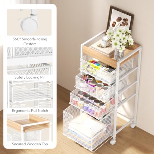 SWTYMIKI Rolling File Cart with Drawers - 5 Tier Art Craft Rolling Organizer Cart - Office Storage &Organization, Mobile Metal File Cabinet for Office and Home White