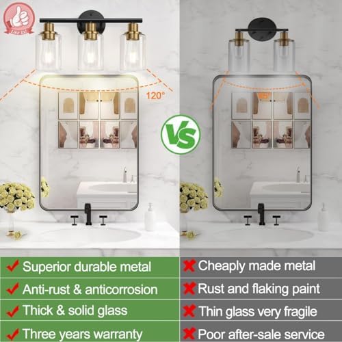 Zarbitta 3-Light Bathroom Light Fixtures, Black and Gold Bathroom Wall Lights, Modern Vanity Light with Clear Glass Shade, Bathroom Wall Lamp for Mirror Kitchen Bedroom Hallway Cabinet