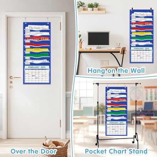 ALSLEA 15" Extra Wide Hanging File Organizer with 8 Pockets - Heavy Duty Classroom Pocket Chart, Wall Mounted Document Organizer with Writable Clear Pocket, 5 Wall/ Door Hooks & 12 Labels (Blue)