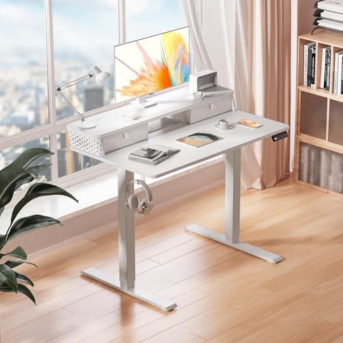 Kingant 35x20 Inch Electric Standing Desk with Dual Drawers, White