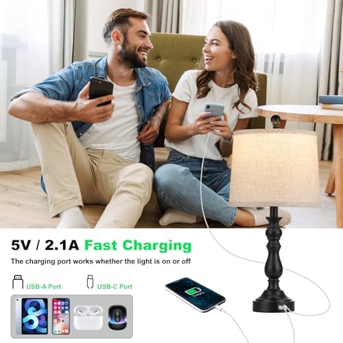 Black Table Lamps Set of 2, Black Lamps for Bedroom, USB C+A Ports
