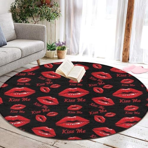 Machine Washable Modern Round Area Rug, Room Sofa Yoga Soft Round Carpet, Home Decor Non Slip Kitchen Office Circle Rug Black Rose Pink Lip Print Kiss Me