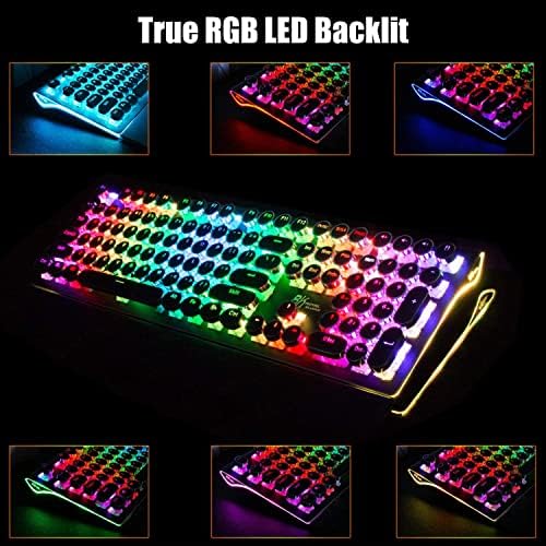 RK ROYAL KLUDGE S108 Typewriter Style Mechanical Gaming Keyboard with RGB Backlit, Wired PC Game Keyboard Full Size with Detachable Wrist Rest and Number Pad, Retro Round Keycaps, Red Switches Black