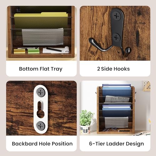 Mail Organizer Wall Mounted, 6-Slot Hanging File Organizer with Key Holder